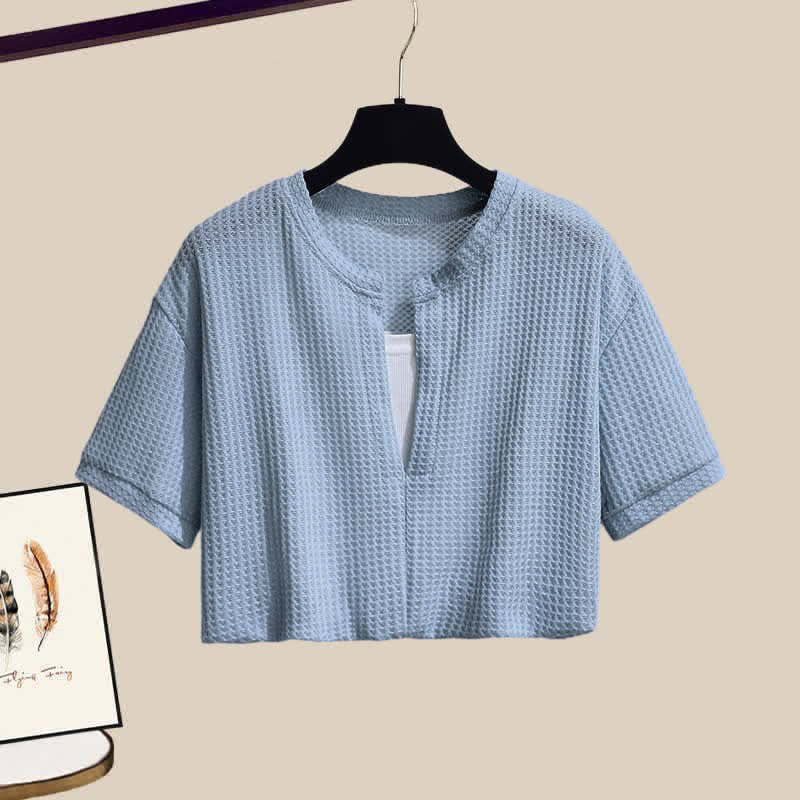 Fake Two Pieces Crop Top T-Shirt Casual Pants Two Pieces Set - image 12