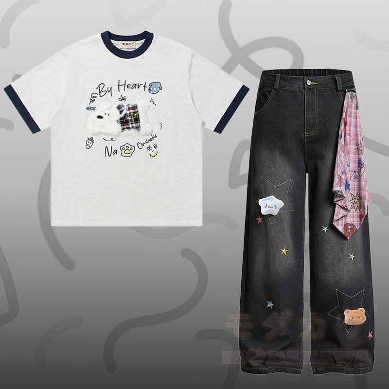 Puppy Chenille Embroidery Cotton T-shirt Star Denim Pants Modakawa Matching Outfit - Set D - XL - image 8