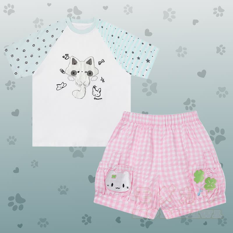 Flock Cat Graphic Raglan T-shirt Kitty Gingham Shorts Modakawa Matching Outfit - Set C - L - image 3