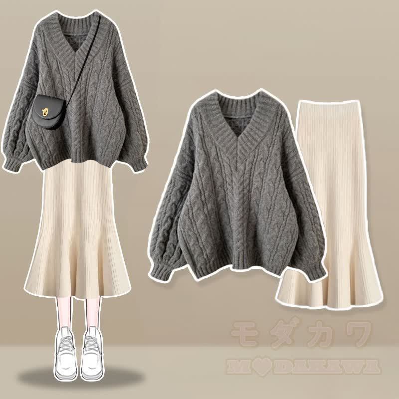 V-neck Cable Sweater Fishtail Skirt Two Pieces Set - Gray Set - XL - image 3