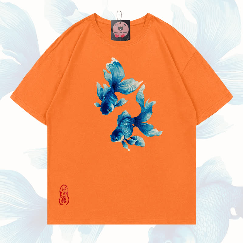 MODAKAWA Fish Graphic 100% Cotton T-shirt - Orange - 5XL - image 17