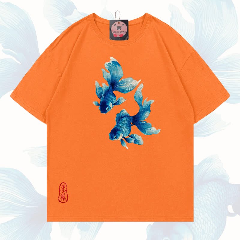 MODAKAWA Fish Graphic 100% Cotton T-shirt - Orange - 5XL - image 17