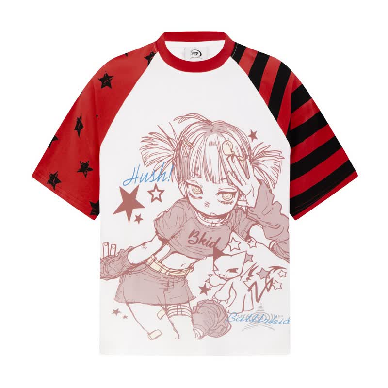 Y2K Vintage Cartoon Girl Print Star Stripe Splicing Short Sleeve T-shirt - Red - XL - image 7