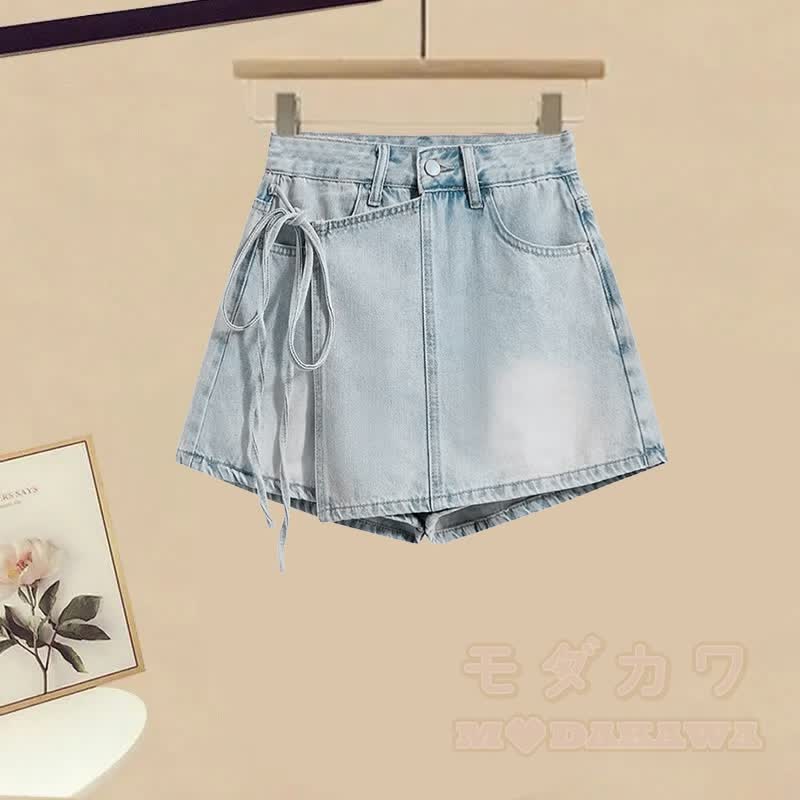Irregular T-shirt Denim Shorts Matching Outfit - Denim Shorts (Single) - XL - image 5