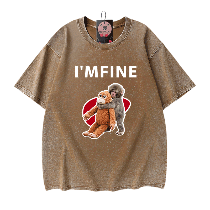 I'M FINE Monkey Graphic Modakawa Unisex Vintage Washed T-shirt - Brown - 5XL - image 5