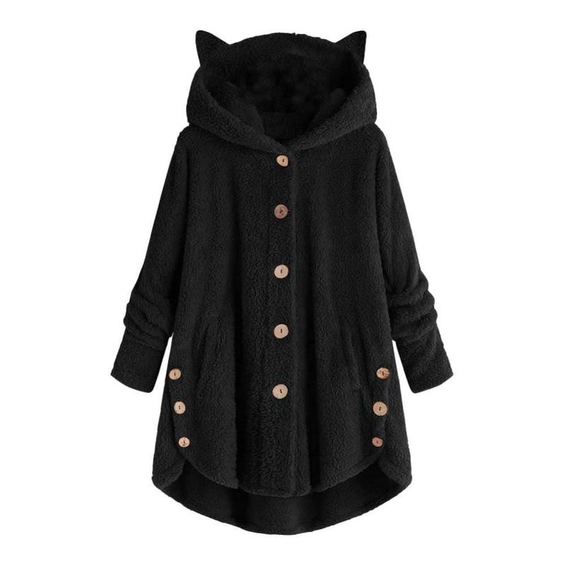 Kitty Ear Button Irregular Hooded Sweatshirt - Black - 5XL - image 2
