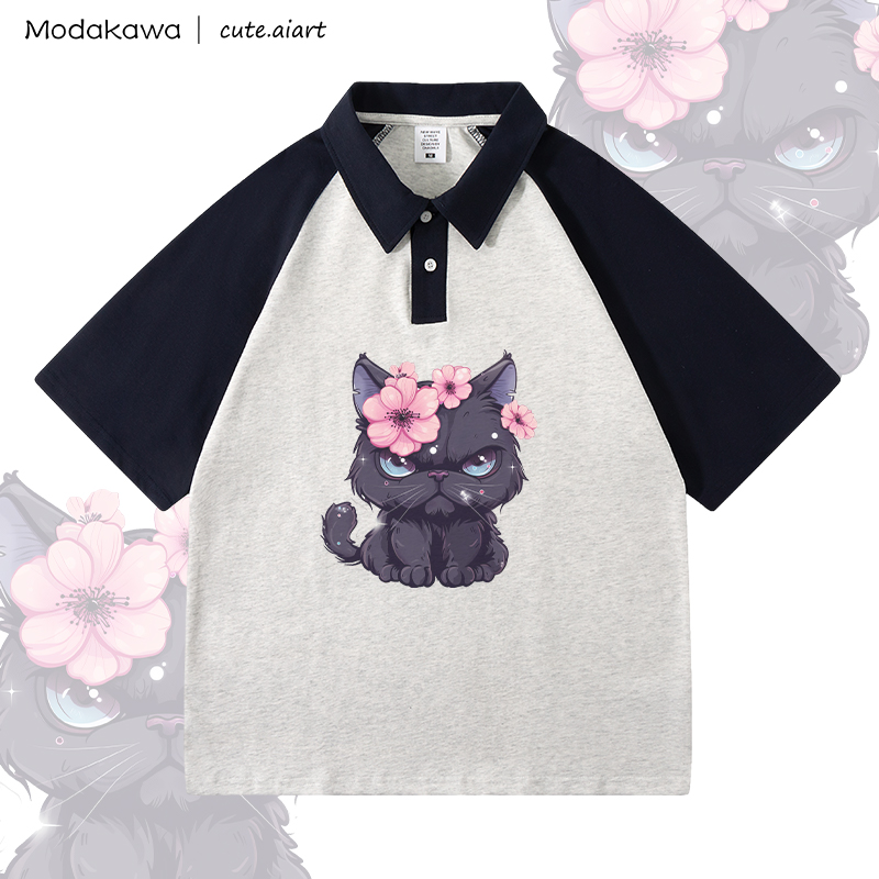 MODAKAWA X cute.aiart Floral Cat Graphic 100% Cotton POLO T-shirt - Grey & Purplish Blue - 4XL - image 3