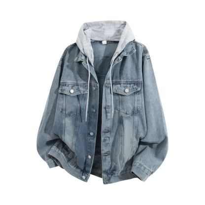 Vintage Casual Fake Two Piece Loose  Hooded Denim Jacket - Dark Blue A - 3XL - image 10