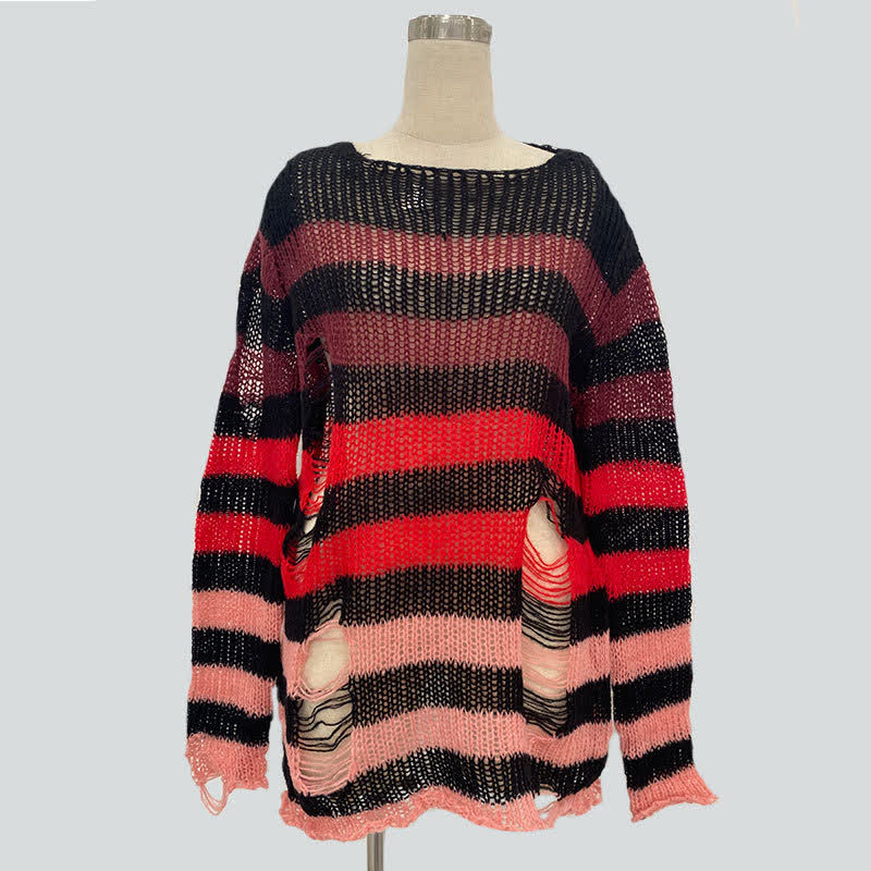 Gradient Loose Distressed Ripped Striped Knit Sweater - image 8
