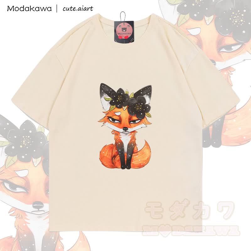 MODAKAWA X cute.aiart Fox Graphic 100% Cotton T-shirt - Apricot - 5XL - image 3