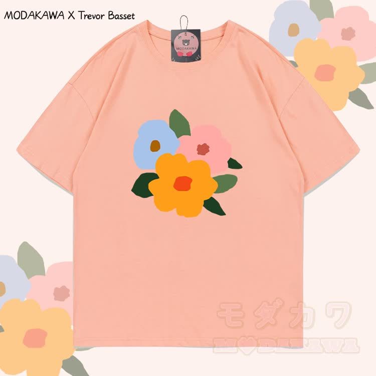 MODAKAWA X Trevor Basset Three Flowers Graphic 100% Cotton T-shirt - Peach - 5XL - image 3