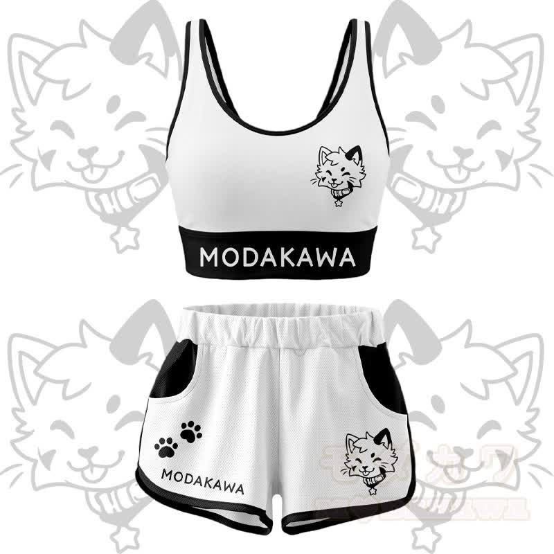 Kitty Graphic Crop Tank Sport Top Shorts Bikini Modakawa Matching Outfit - White Set - 5XL - image 13