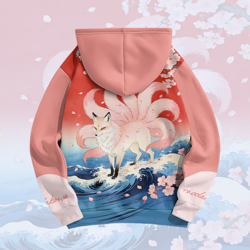 Nine Tailed Fox Graphic Modakawa Color Block Pullover Hoodie - image 6