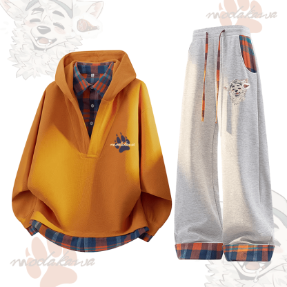 MODAKAWA X atka Fox Wants Meat Graphic Plaid Hoodie Pants Two Pieces Set - Orange & Grey - 3XL - image 2
