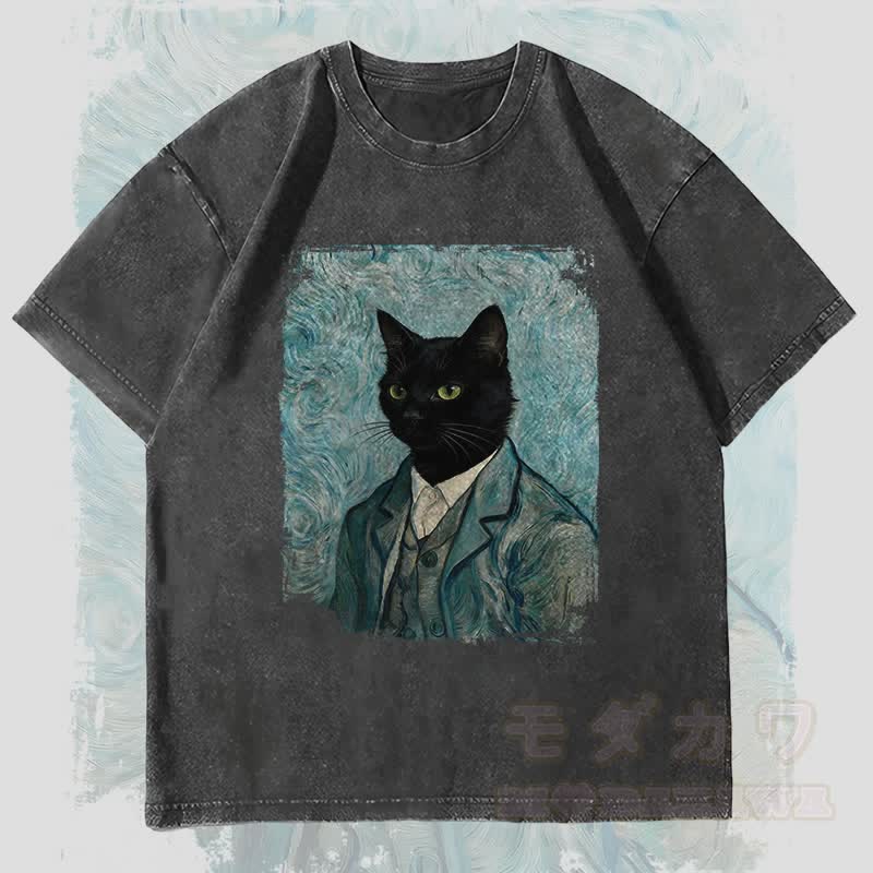 MODAKAWA Gentleman Black Cat Graphic Unisex Vintage Washed T-Shirt - Black - 4XL - image 3
