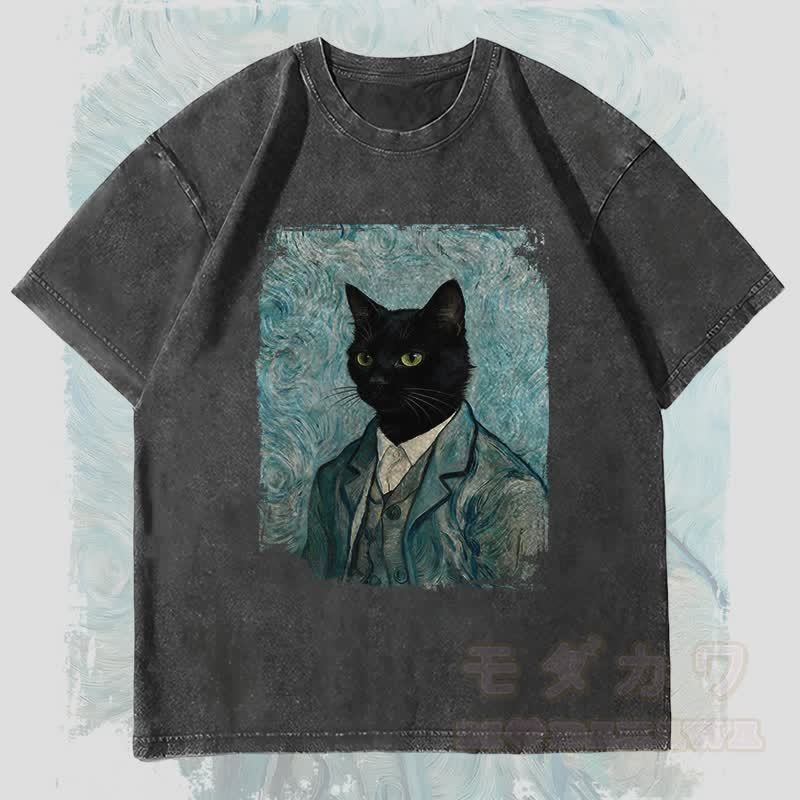 MODAKAWA Gentleman Black Cat Graphic Unisex Vintage Washed T-Shirt - Black - 4XL - image 3