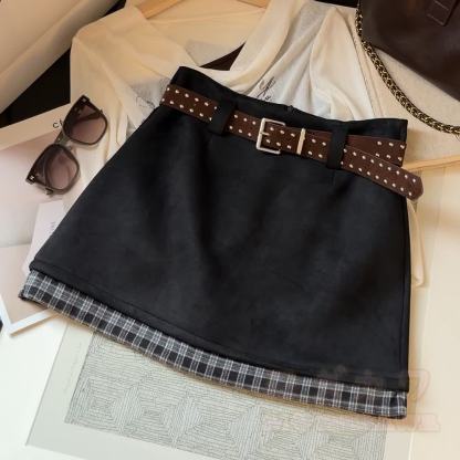 Vintage Plaid Contrast Suede Layered Skirt - Black - XL - image 4