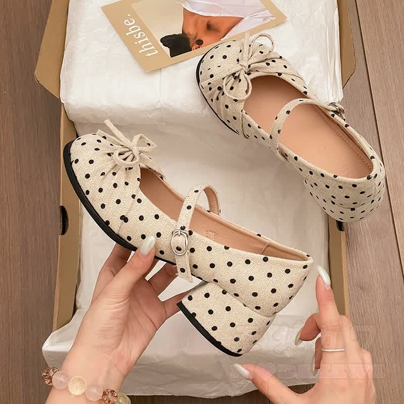 Sweet Polka Dot Bow Mary Jane Shoes - Beige - 40 - image 4