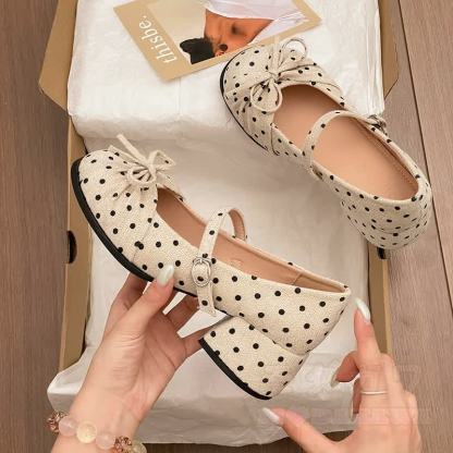 Sweet Polka Dot Bow Mary Jane Shoes - Beige - 40 - image 4