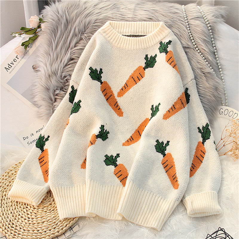 Loose Cartoon Carrot Print Long Sleeve Sweatshirt - White - XL - image 1