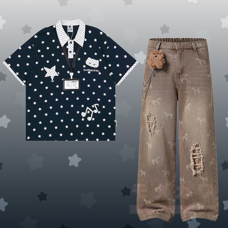 Polka Dot Star Graphic POLO T-shirt 3D Bear Chain Ripped Denim Pants Modakawa Matching Outfit - Set D - XL - image 8