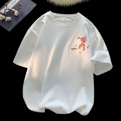 Casual Chinese Style Plum Blossom Print Short Sleeve T-shirt - White - 5XL - image 4