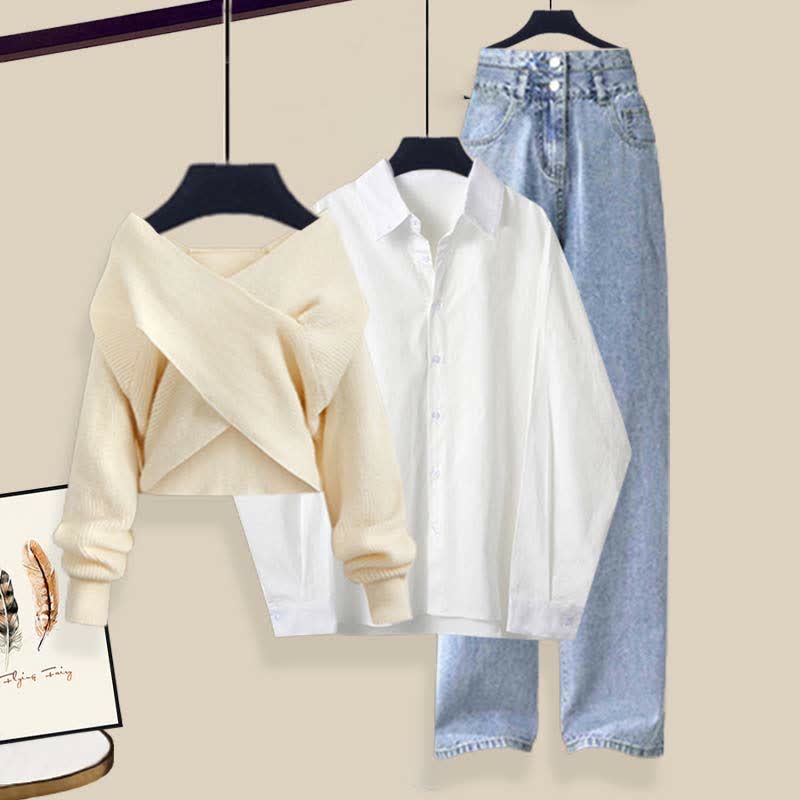 Cross Knit Sweater Lapel Shirt Denim Pants Matching Outfit - Apricot Set - XL - image 6