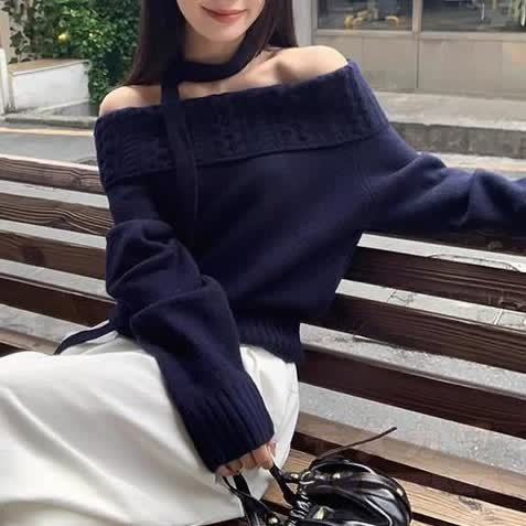 Off-Shoulder Halter Neck Loose Knit Sweater - image 6