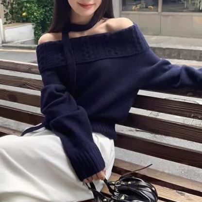 Off-Shoulder Halter Neck Loose Knit Sweater - image 6