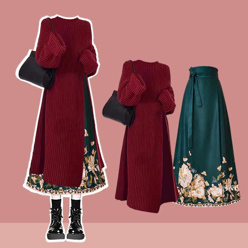 Knit Sweater Dress Flower Print Horse-face Skirt Matching Outfit - Set F - 3XL - image 8