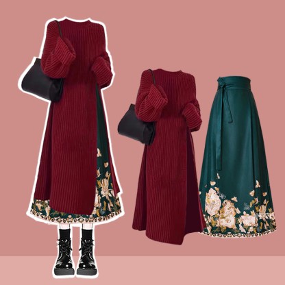 Knit Sweater Dress Flower Print Horse-face Skirt Matching Outfit - Set F - 3XL - image 8