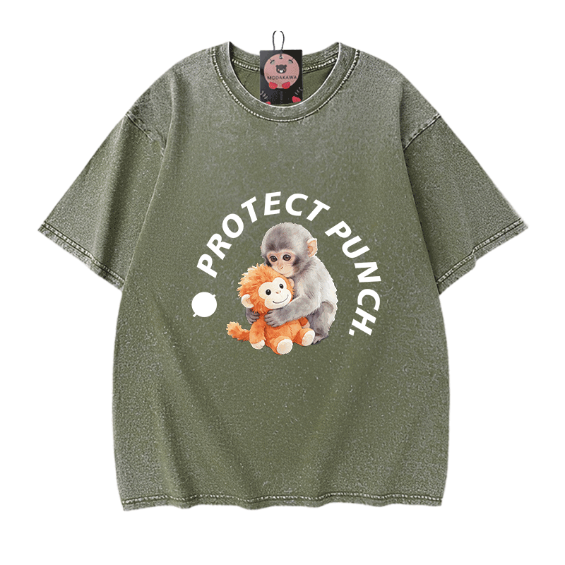 PROTECT PUNCH Hugging Monkey Graphic Modakawa Unisex Vintage Washed T-shirt - Green - 5XL - image 10