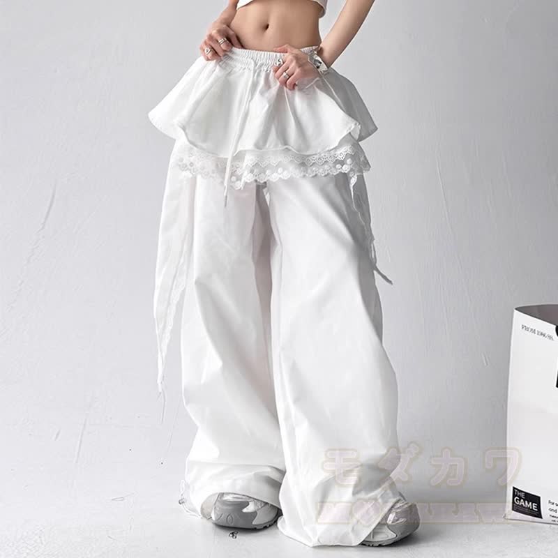 Y2K Punk Cropped Hoodie Lace Ruffle Layered Pants Two Pieces Set - White Pants - 3XL - image 6