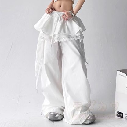 Y2K Punk Cropped Hoodie Lace Ruffle Layered Pants Two Pieces Set - White Pants - 3XL - image 6