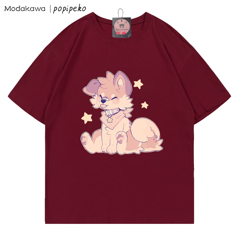 MODAKAWA X popipeko Puppy Print T-shirt - Wine Red - 5XL - image 8