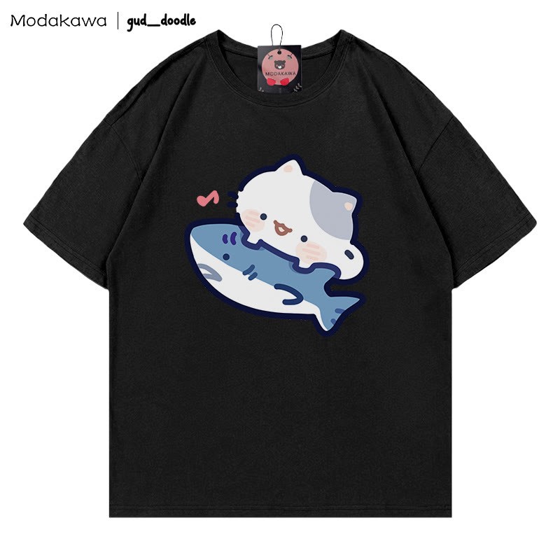 MODAKAWA X gud_doodle Kitty Shark Print T-shirt - Black - 5XL - image 5