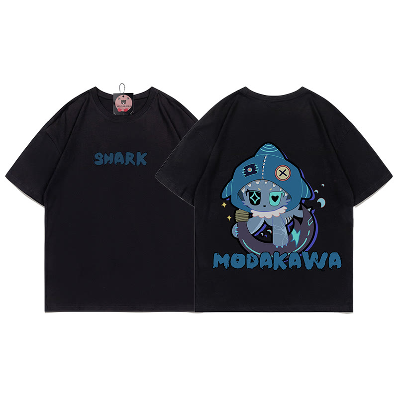 MODAKAWA Playful Shark Graphic Dark Aesthetic T-shirt - Black - C - 5XL - image 3