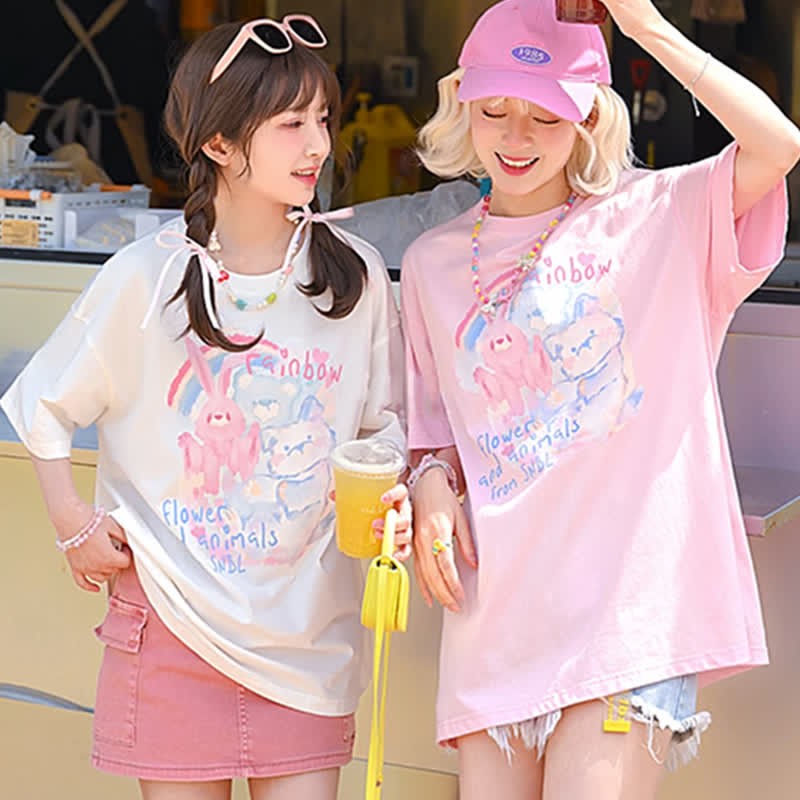 Rainbow Bunny Letter Print Matching Best Friends Loose T-Shirt - image 10