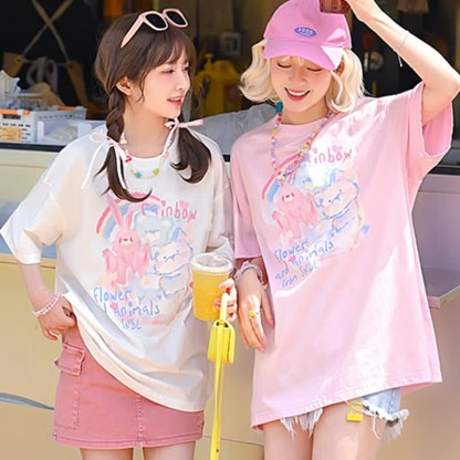 Rainbow Bunny Letter Print Matching Best Friends Loose T-Shirt - image 10