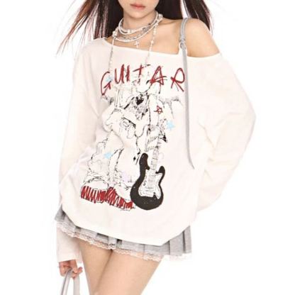 American Style Sweet Cool Guitar Print Off Shoulder Long Sleeve T-shirt - White - 2XL - image 4