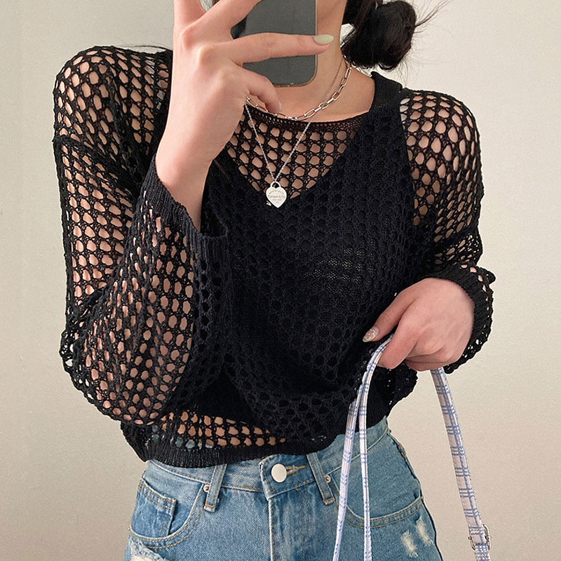 Loose Hollow Out See Through Mesh Crochet Crop Top - image 3