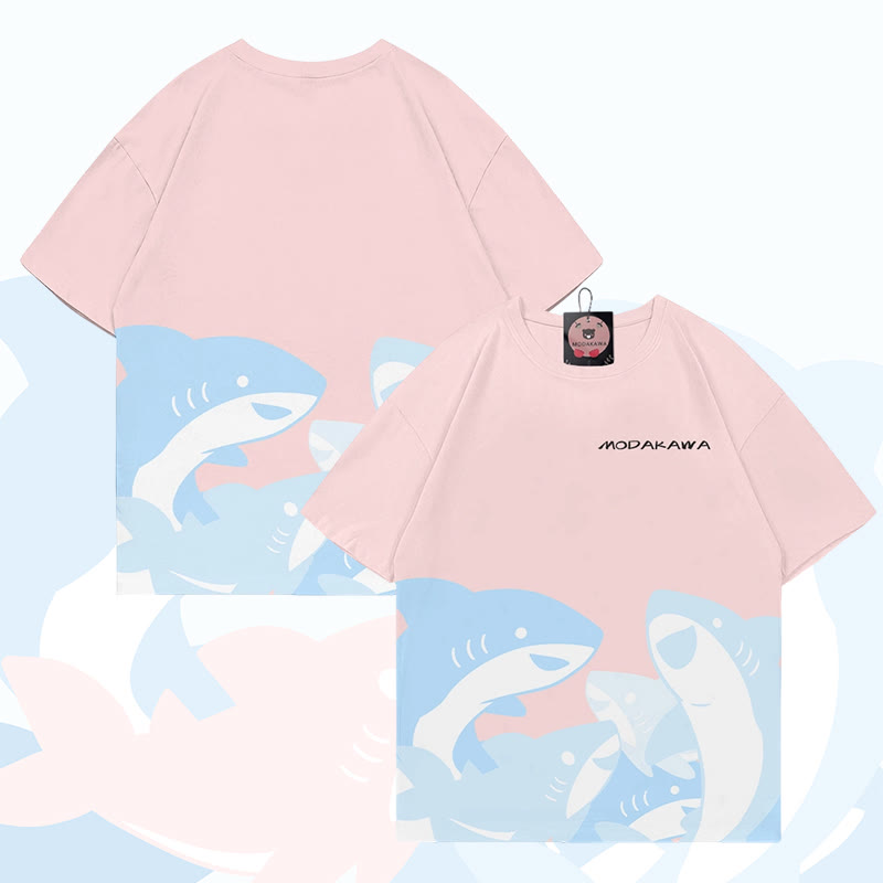 MODAKAWA Funny Shark Graphic All Over Print T-shirt - Pink - 5XL - image 3
