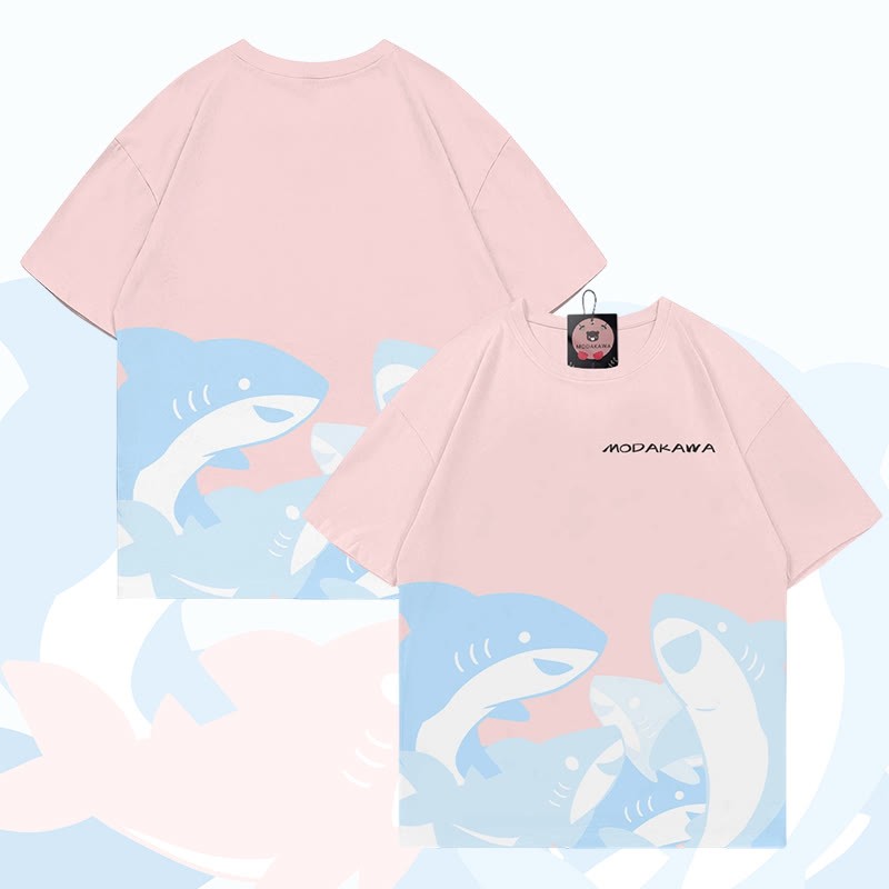 MODAKAWA Funny Shark Graphic All Over Print T-shirt - Pink - 5XL - image 3