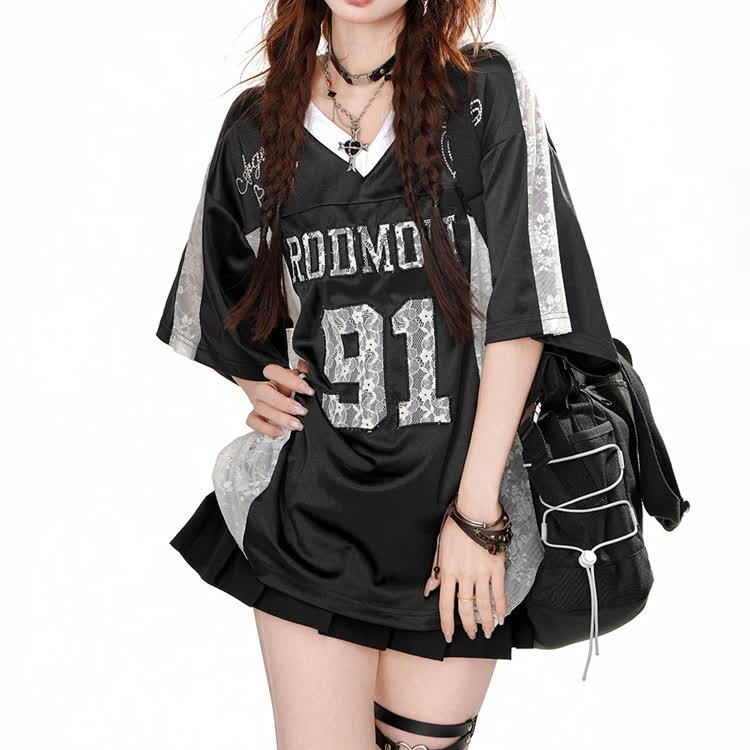 Number Graphic Oversized V-neck T-shirt - image 5