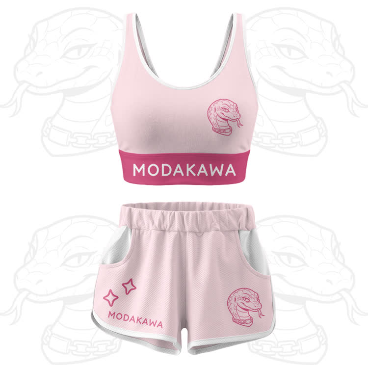 Snake Graphic Crop Tank Sport Top Shorts Modakawa Matching Outfit - Pink Set - 5XL - image 16
