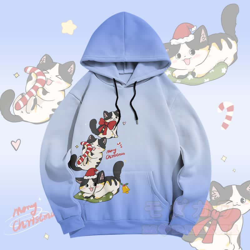 MODAKAWA Gradient Cheerful Christmas Kitty Graphic All Over Print Pullover Hoodie - Blue - 5XL - image 3
