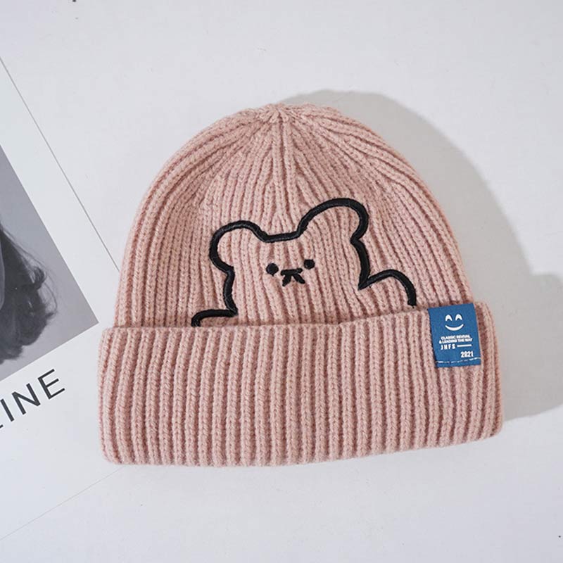 Cartoon Bear Embroidery Knit Hat - Pink - M(54-58cm) - image 12
