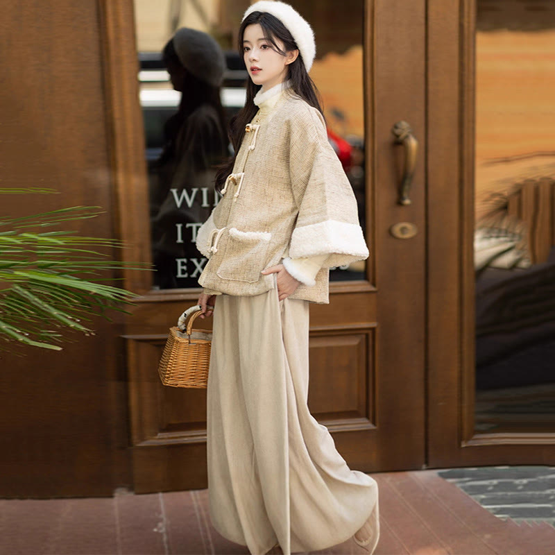 Vintage Square Neck Jacket Buckle Top Wide Leg Pants Three Pieces Set - image 7