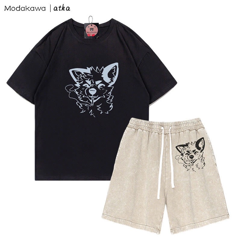 MODAKAWA X atka Fox Smoking Graphic T-shirt Vintage Washed Shorts Two Pieces Set - Black&Apricot - 3XL - image 6