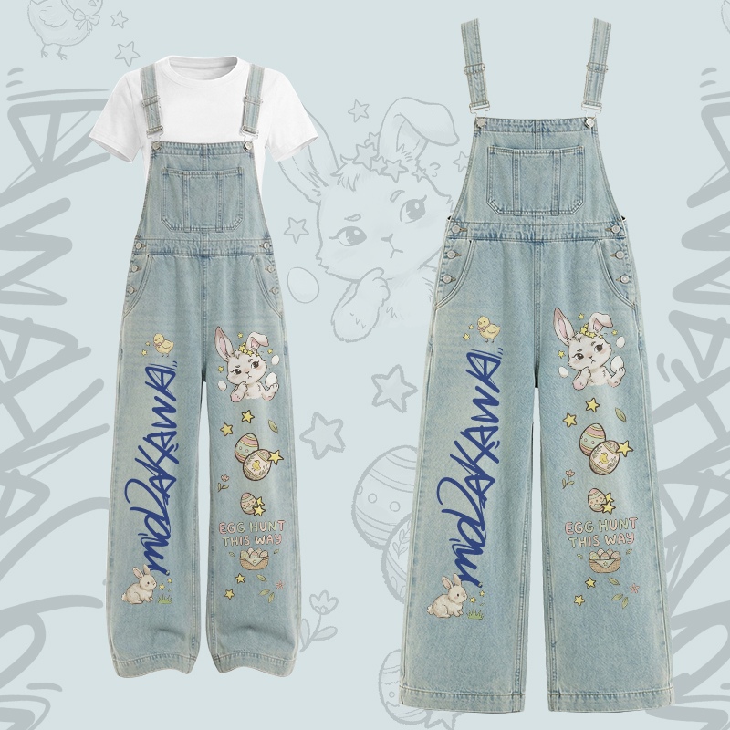 EGG HUNT THIS WAY Bunny Graphic U-Neck T-shirt Cargo Overalls Modakawa Two Pieces Set - Set B - XL - image 2